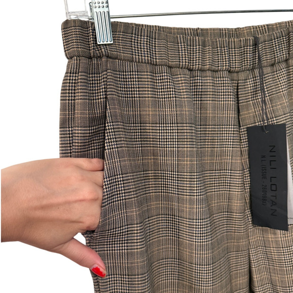 Nili Lotan 4 Elastic Waist Plaid Wool Delancy Dress Pants Cropped Gray Tan - Picture 5 of 16